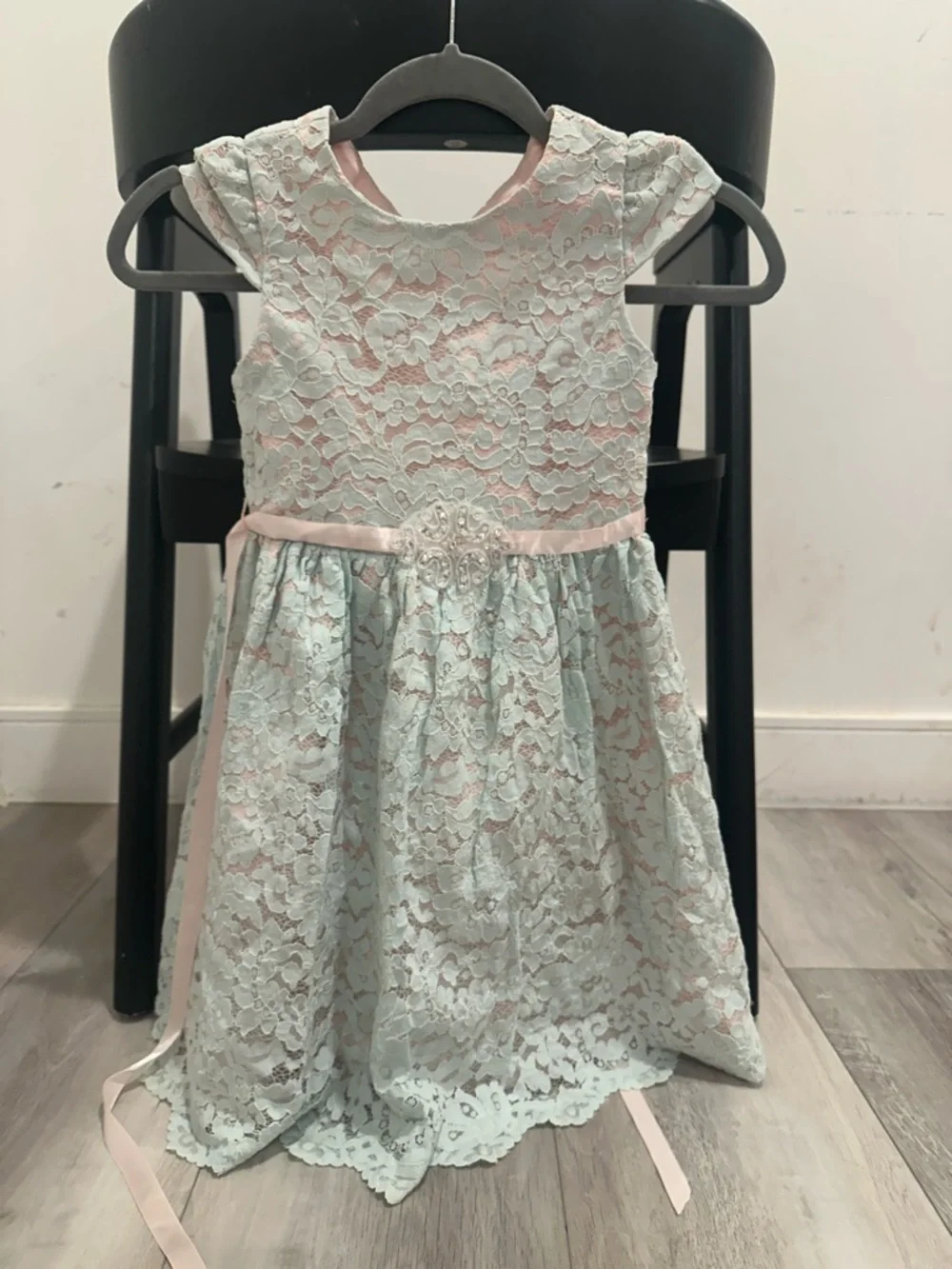 Rare Editions size 6 Pale Blue Lace Dress with Pink Underlay